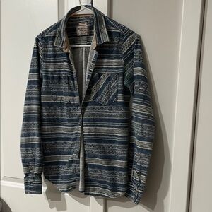 Vintage Burton Women's Blue and White Striped Button Down Shirt